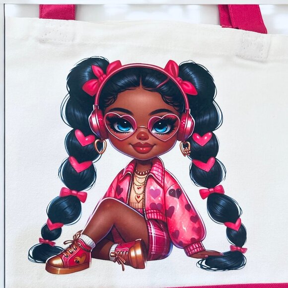 Large Magenta & White with Trendy Girl Graphic Canvas Tote  - New - Picture 3 of 5